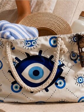 Evil Eye Oversized Beach Tote Bag Rope Handles + Charm